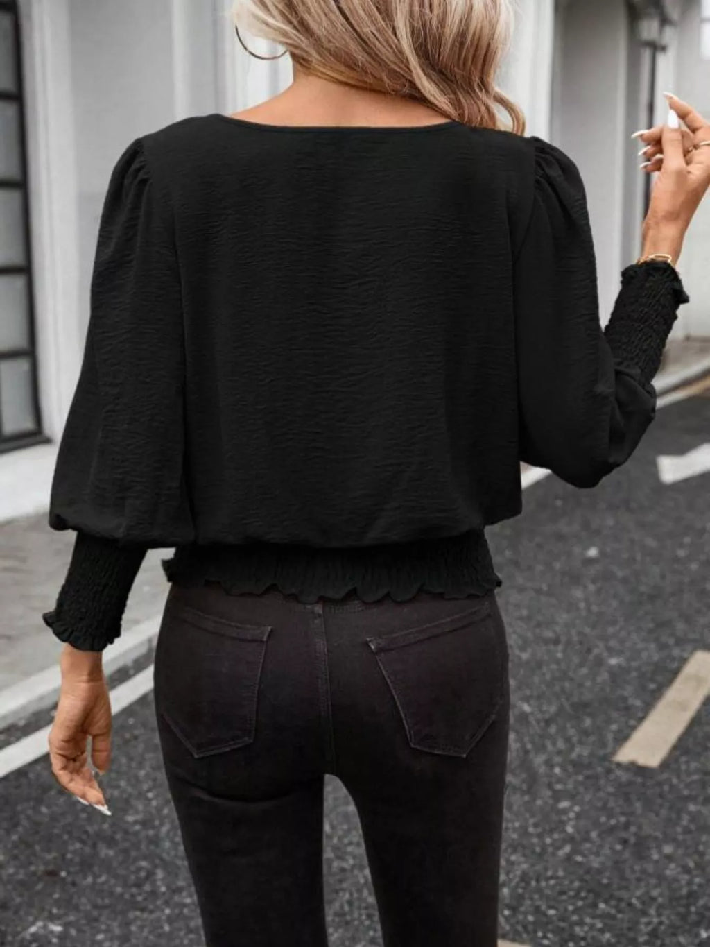 Smocked Waist Round Neck Blouse