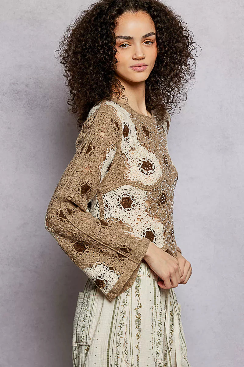 POL Floral Weave Pattern Crochet Cropped Top with Beads Detail