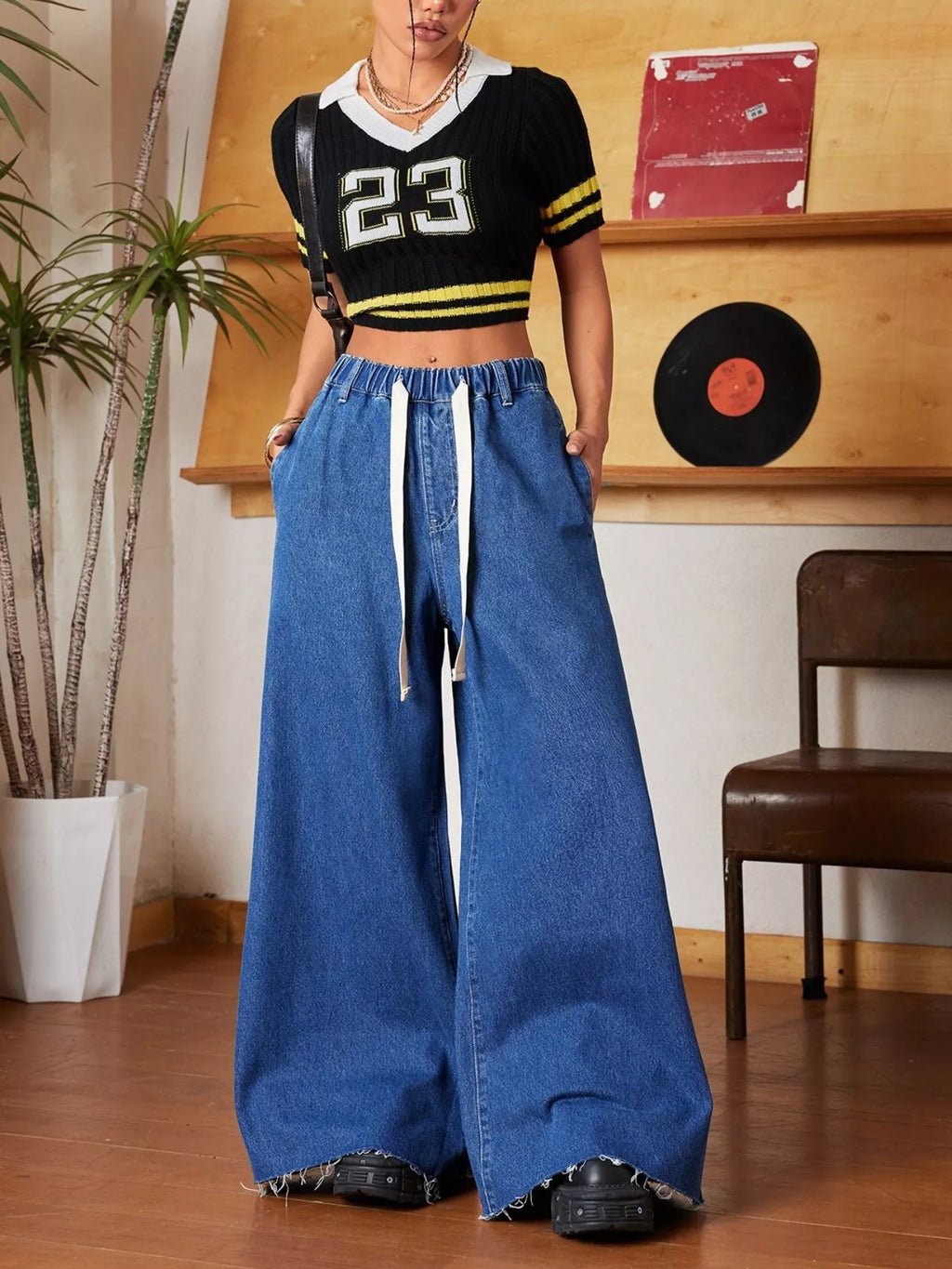 Wide Leg Drawstring Waist Ripped Hem Jeans