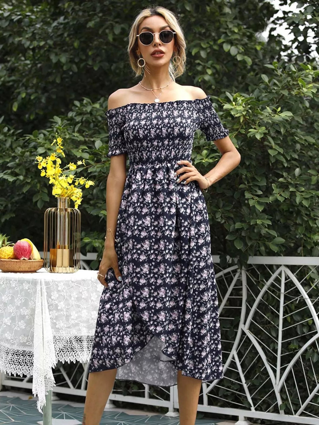 Off Shoulder Floral Slit Dress
