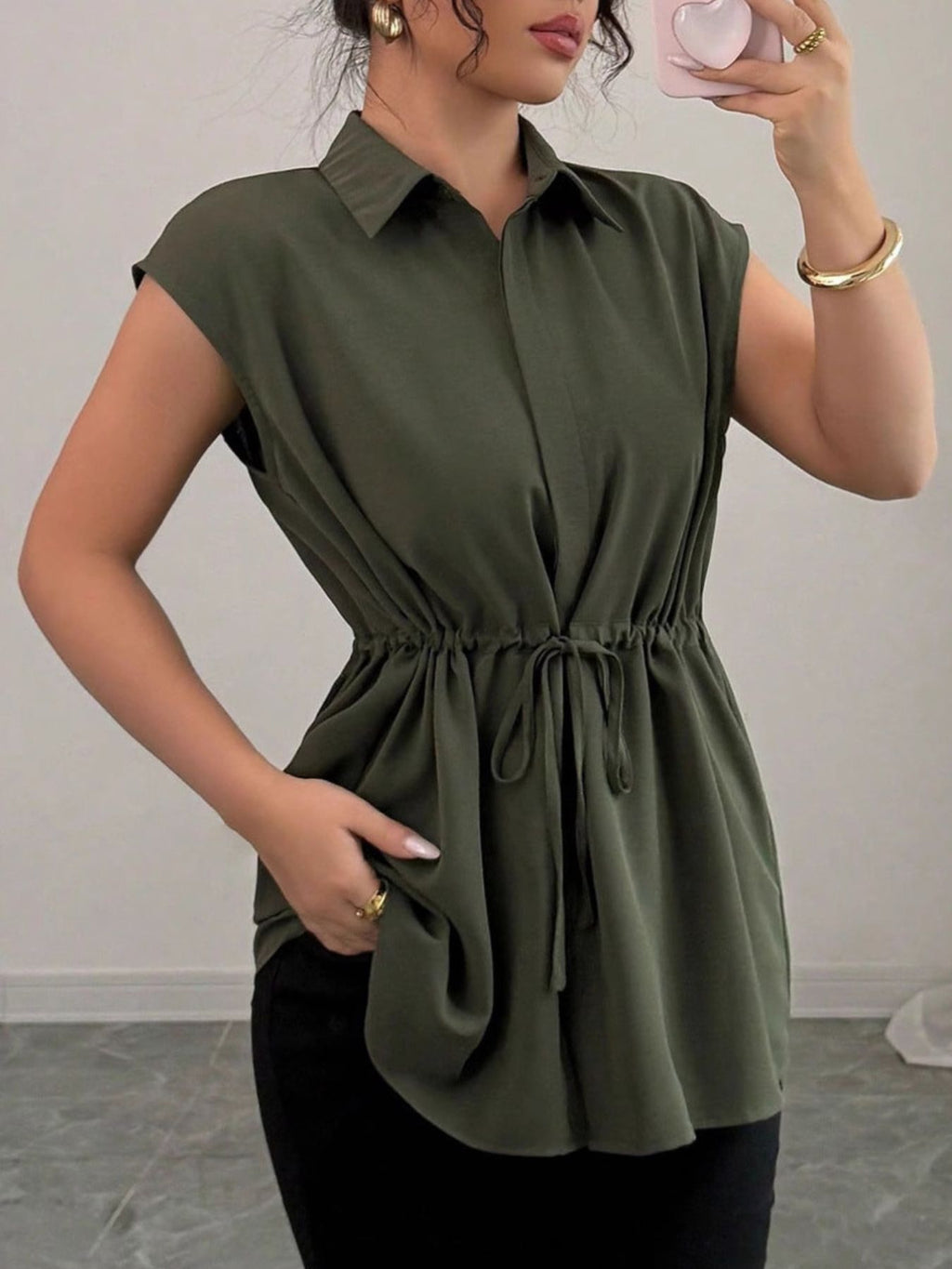 Drawstring Waist Cap Sleeve Shirt