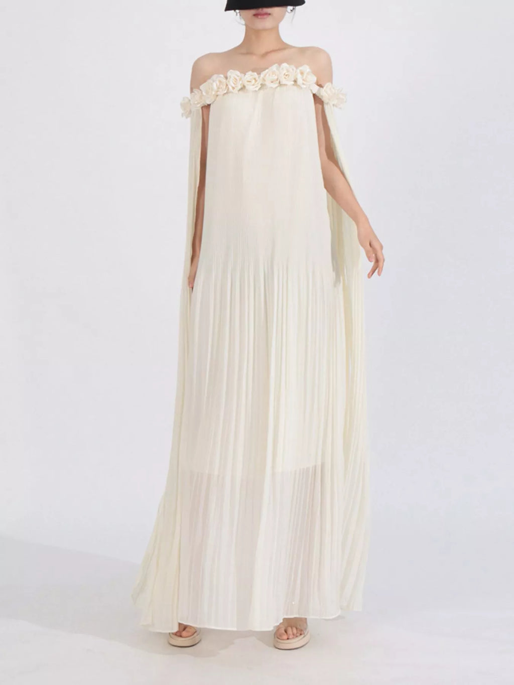 Off-Shoulder Floral Pleated Maxi Dress