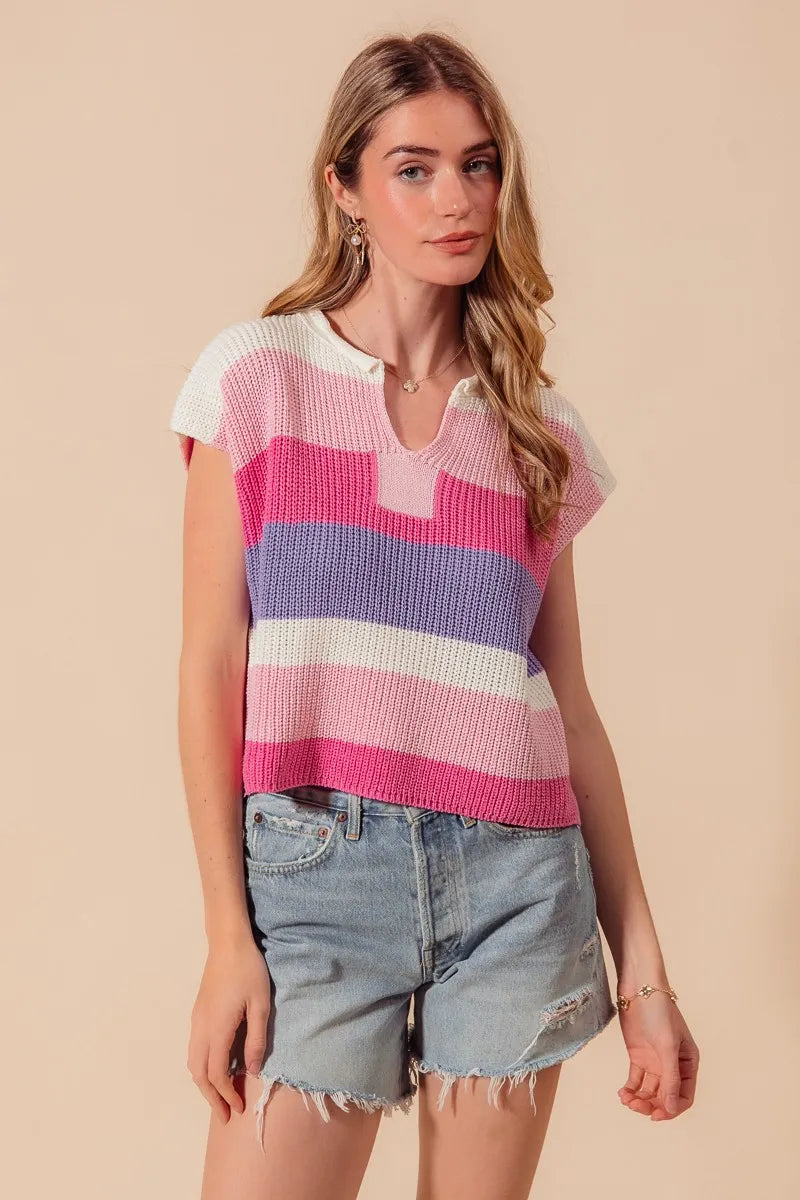 SO ME Multi Color Stripe Loose Fit Cap Sleeve Sweater Top