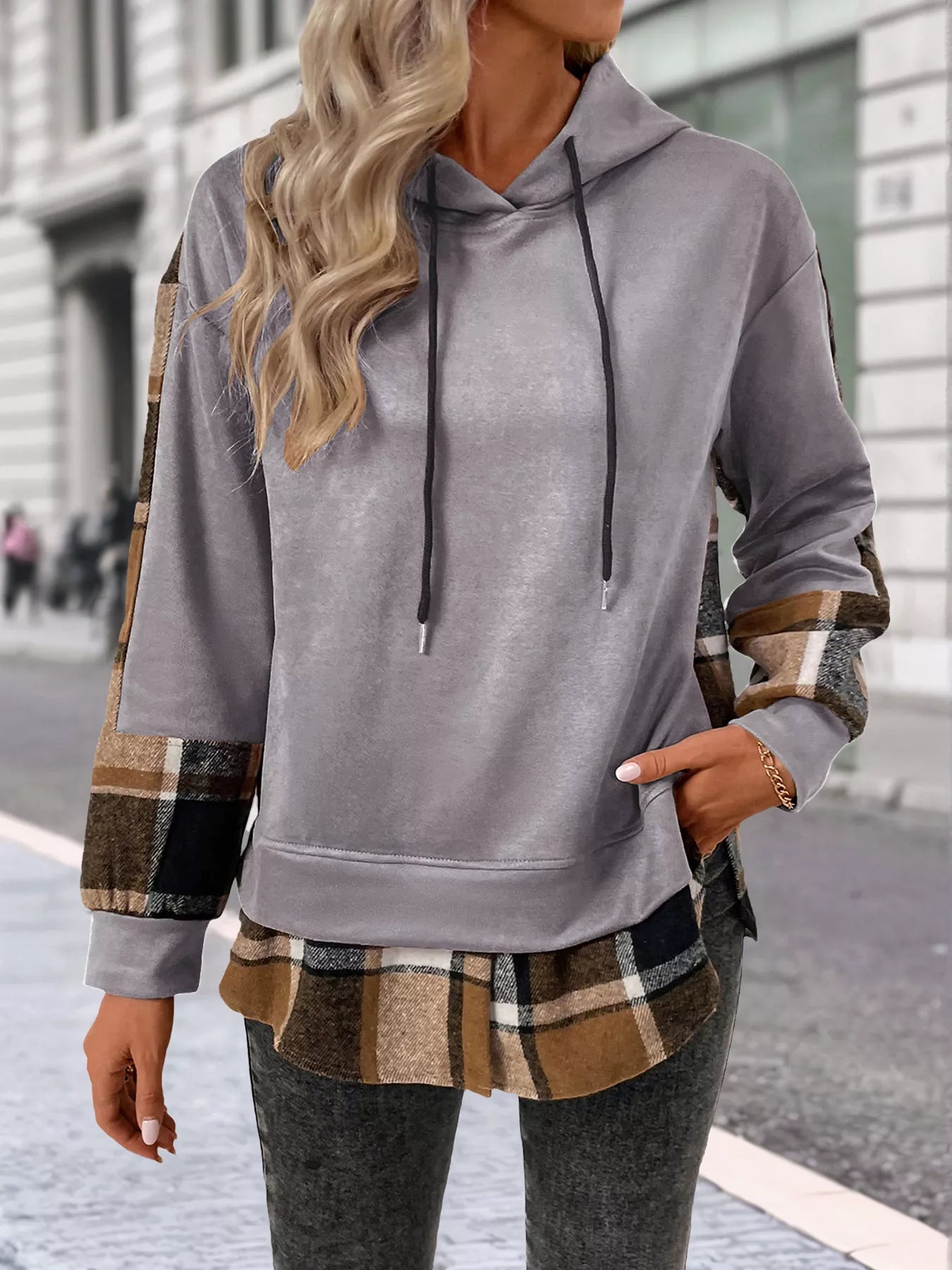 Plaid Drawstring Long Sleeve Hoodie