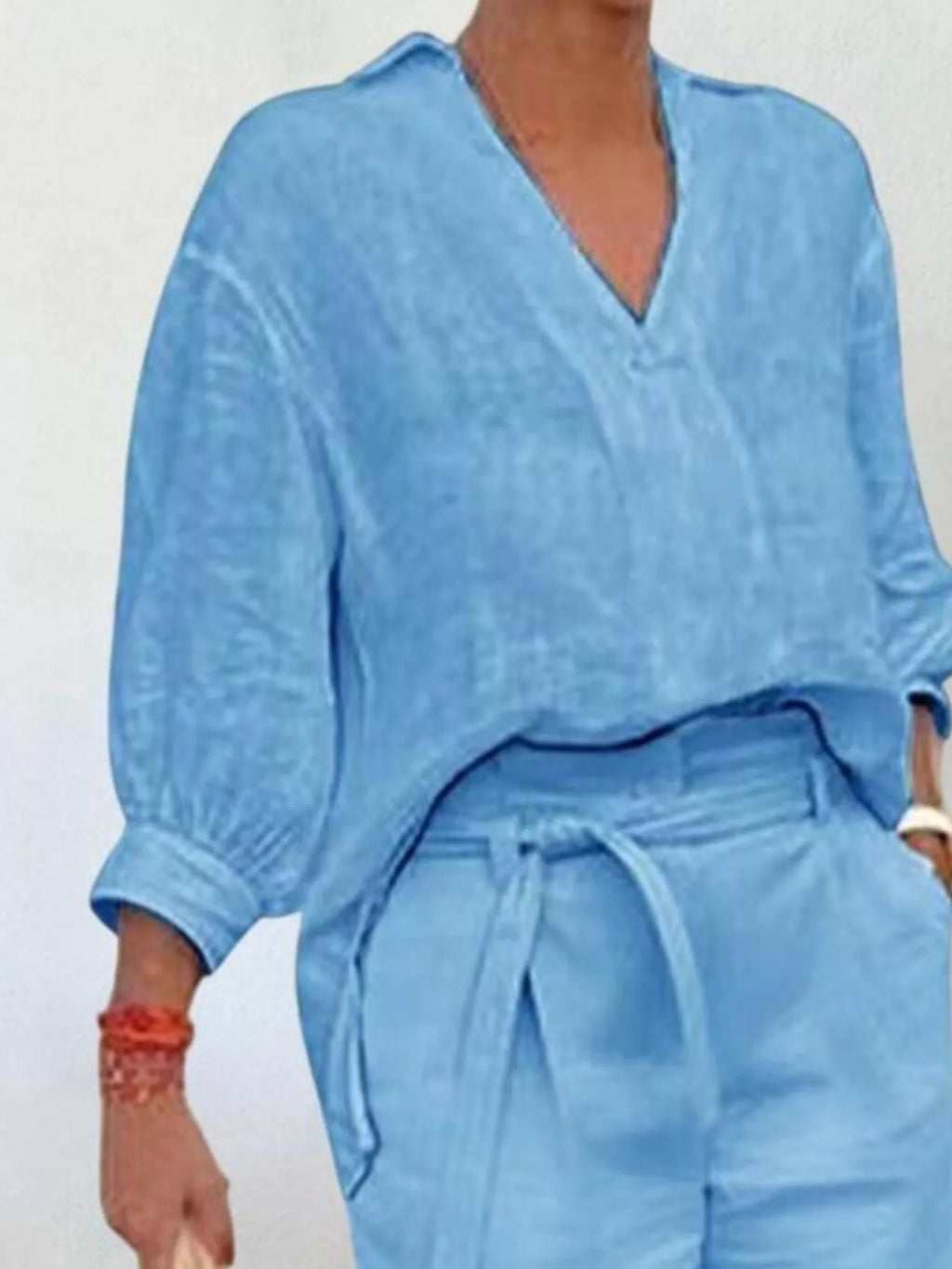 Full Size Johnny Collar 3/4 Sleeve Top and Shorts Set Plus Size