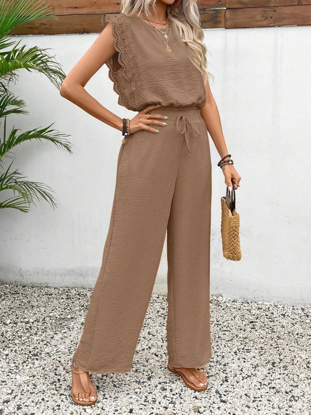 Lace Trim Round Neck Top and Pants Set