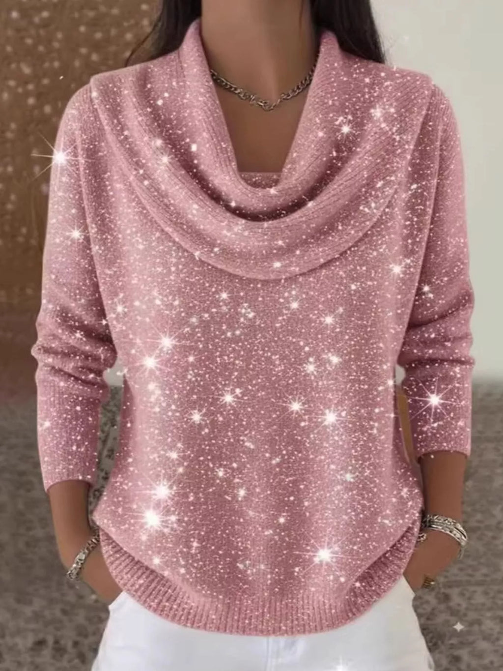 Full Size Glitter Cowl Neck Long Sleeve Sweater Plus Size