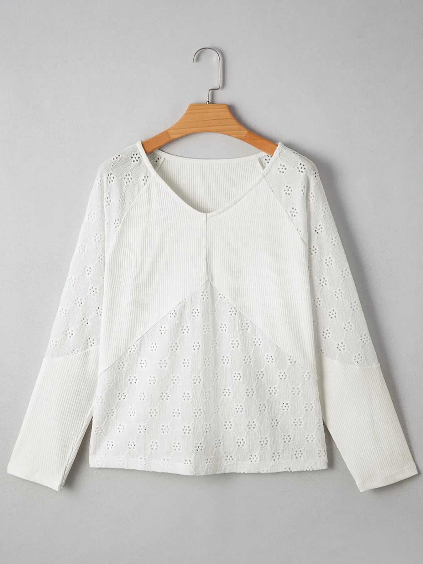 Eyelet Embroidered Loose V Neck Long Sleeve Top