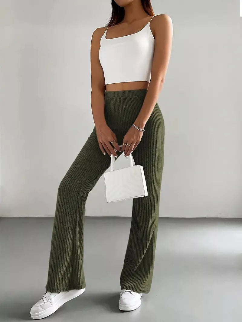 Ribbed Knit High Waist Flare Pants