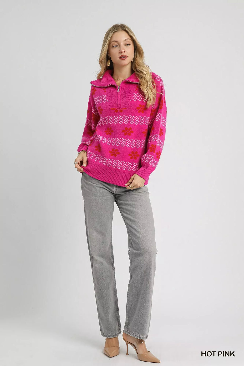 Umgee Floral Patterned Jacquard Quarter-Zip Pullover Sweater