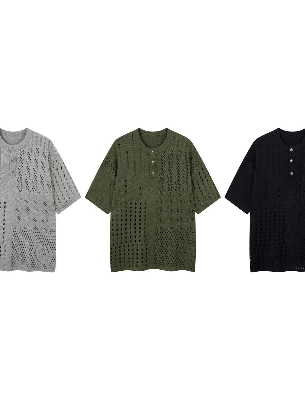 Men's Openwork Button Detail Knit Henley T-Shirt