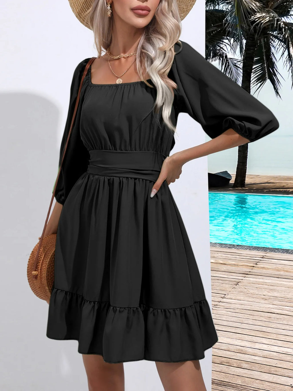 Tie Back Ruffled Hem Square Neck Dress
