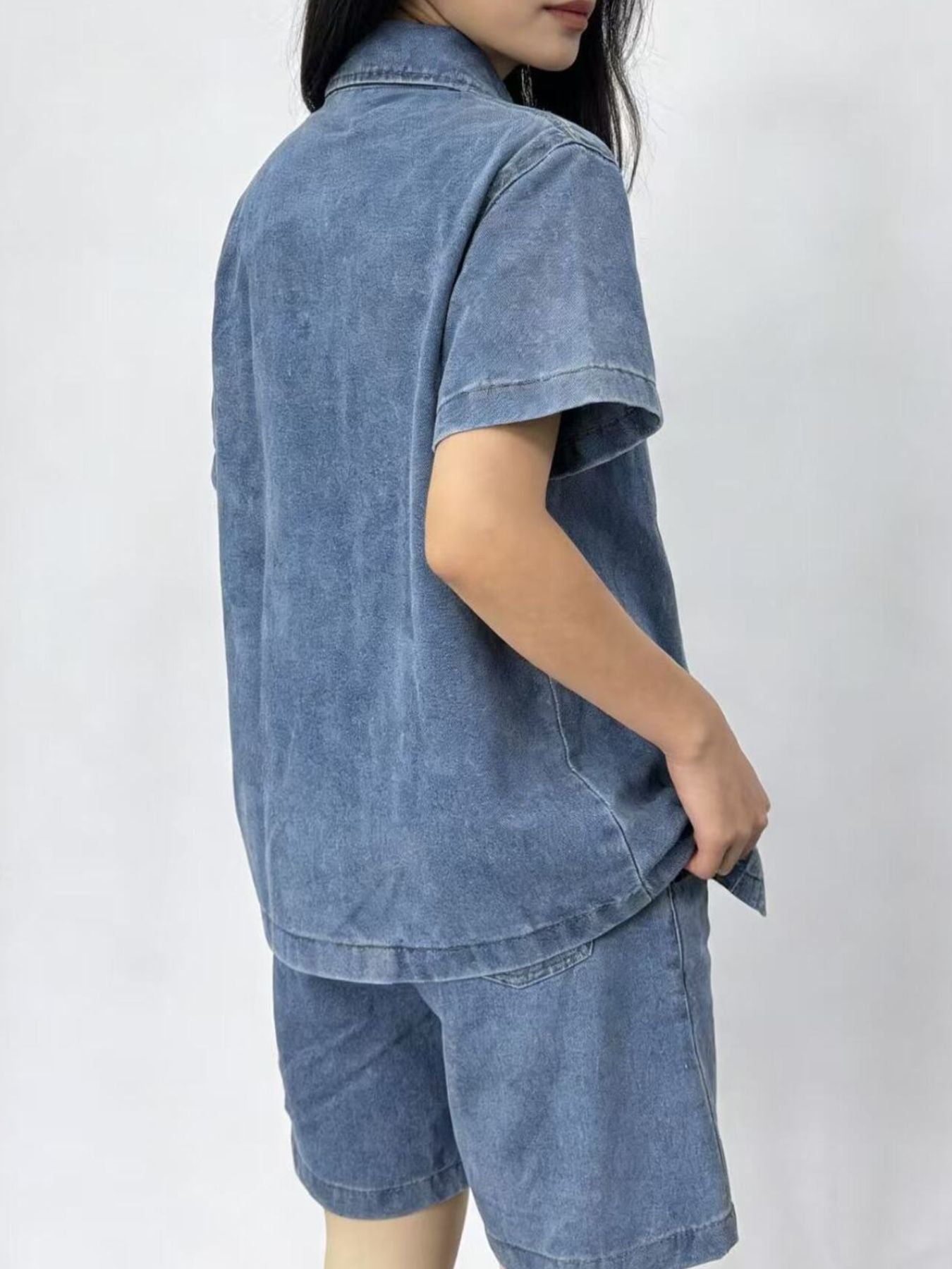 Button Up Short Sleeve Top and Shorts Denim Set