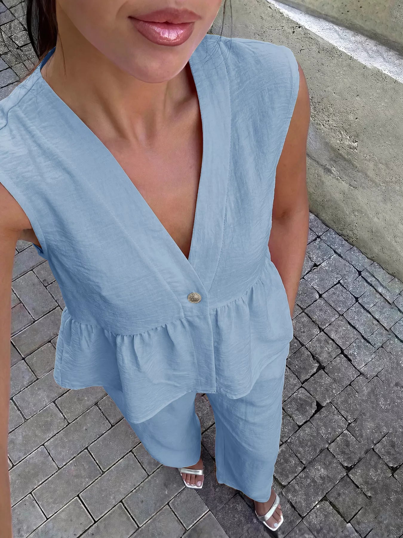 One Button Top and Wide Leg Pants Set
