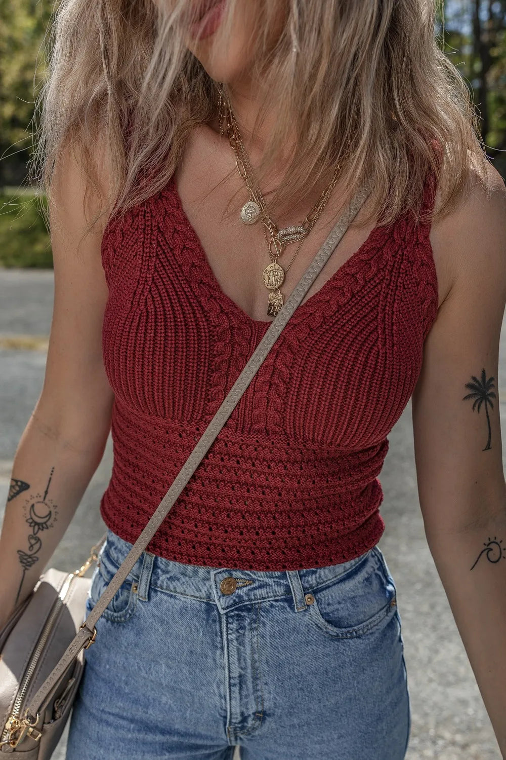 Cable Knit Pointelle Slim Fit V Neck Sweater Vest