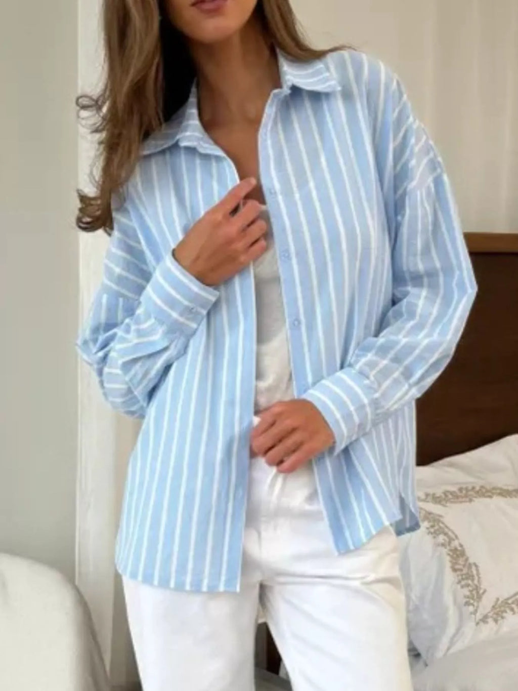 Button Down Striped Collared Neck Long Sleeve Shirt