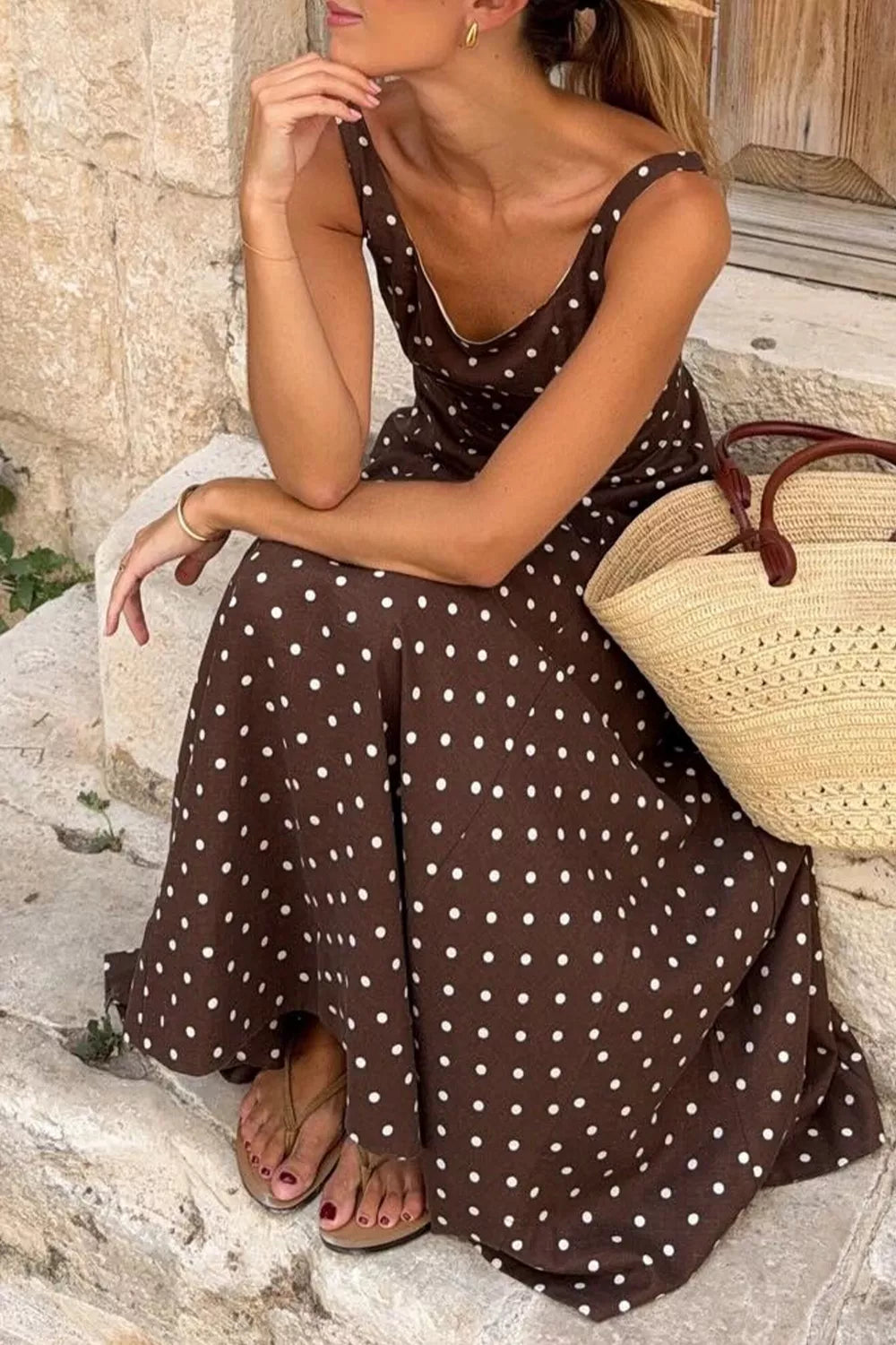 Polka Dot Print Square Neck Sleeveless Vacation Maxi Dress