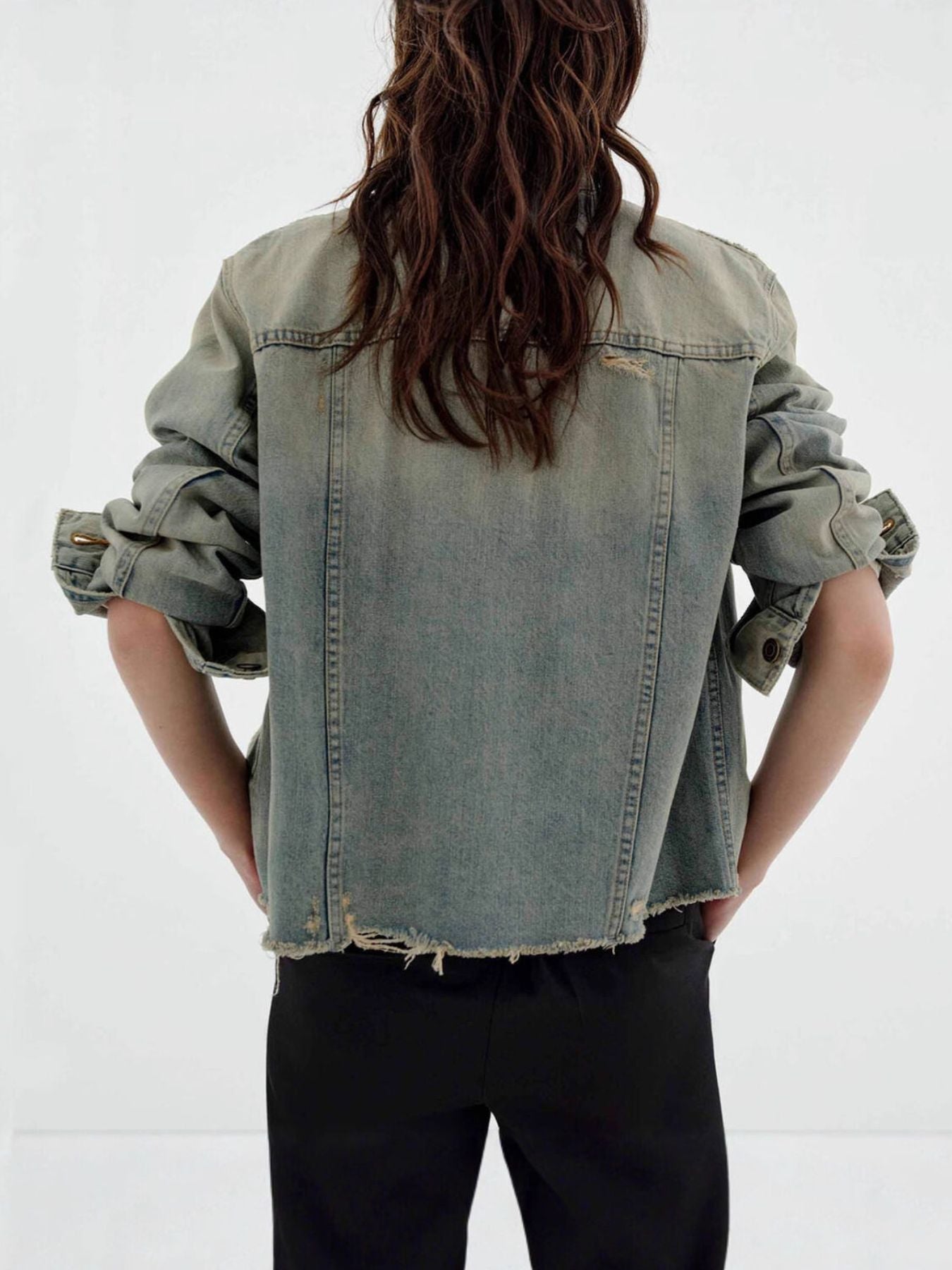 Distressed Wash Button Up Denim Jacket