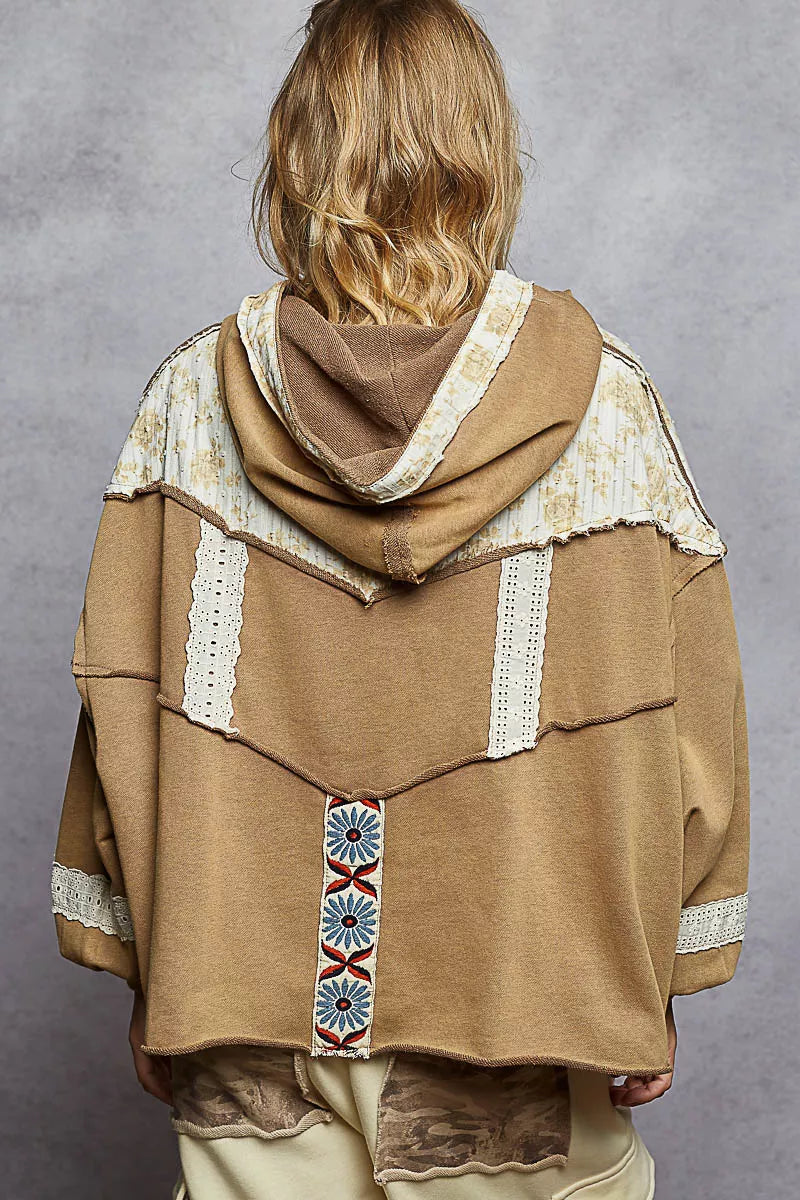POL Drawstring French Terry Hoodie with Gauze Print Patch
