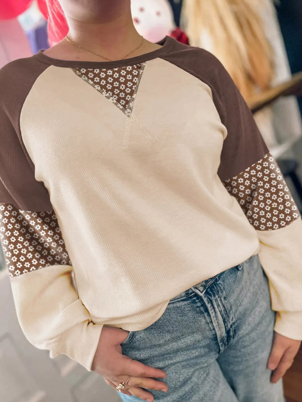 Floral Print Patchwork Color Block Long Sleeve Top