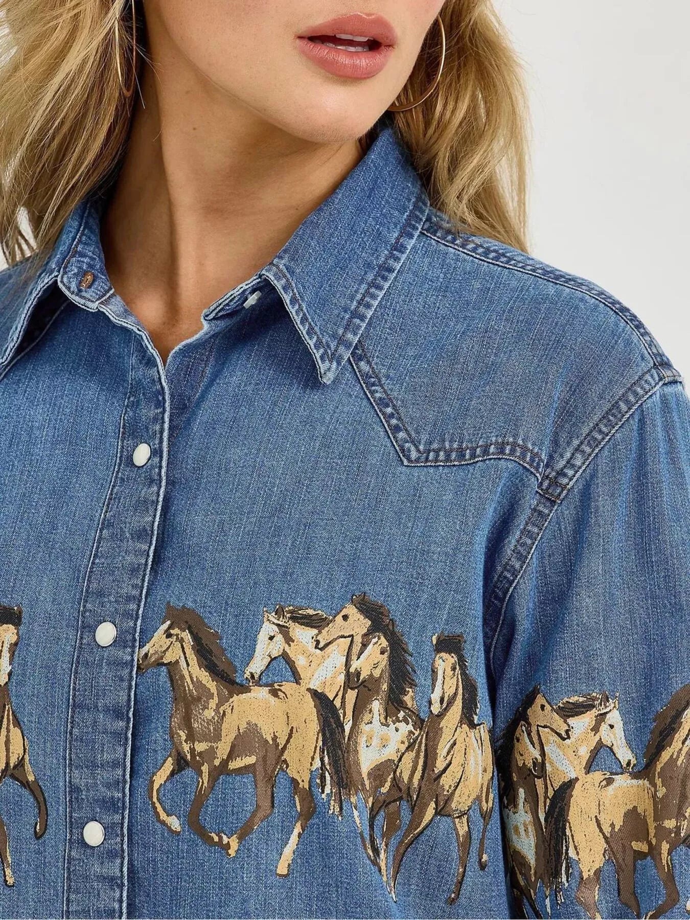 Horse Print Long Sleeve Denim Shirt