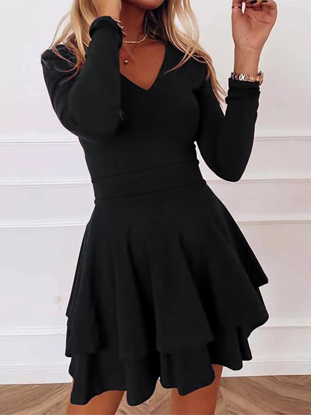V-Neck Layered Ruffle Mini Dress