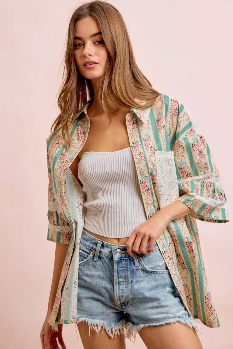 BiBi Eyelet Lace And Floral Mix And Match Shirt Top
