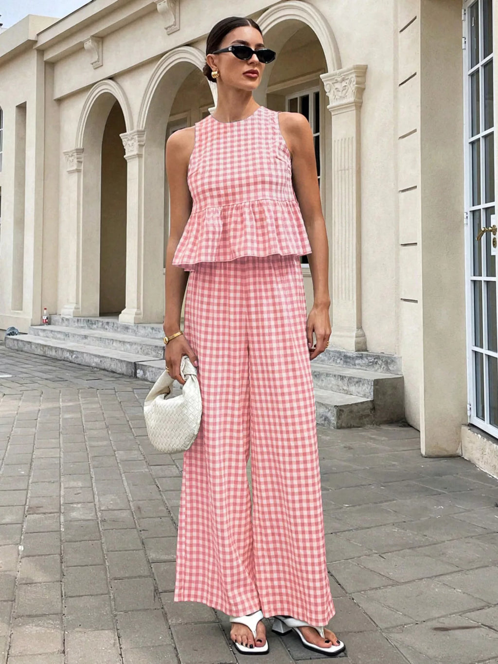 Gingham Sleeveless Top and Wide Leg Pants Set