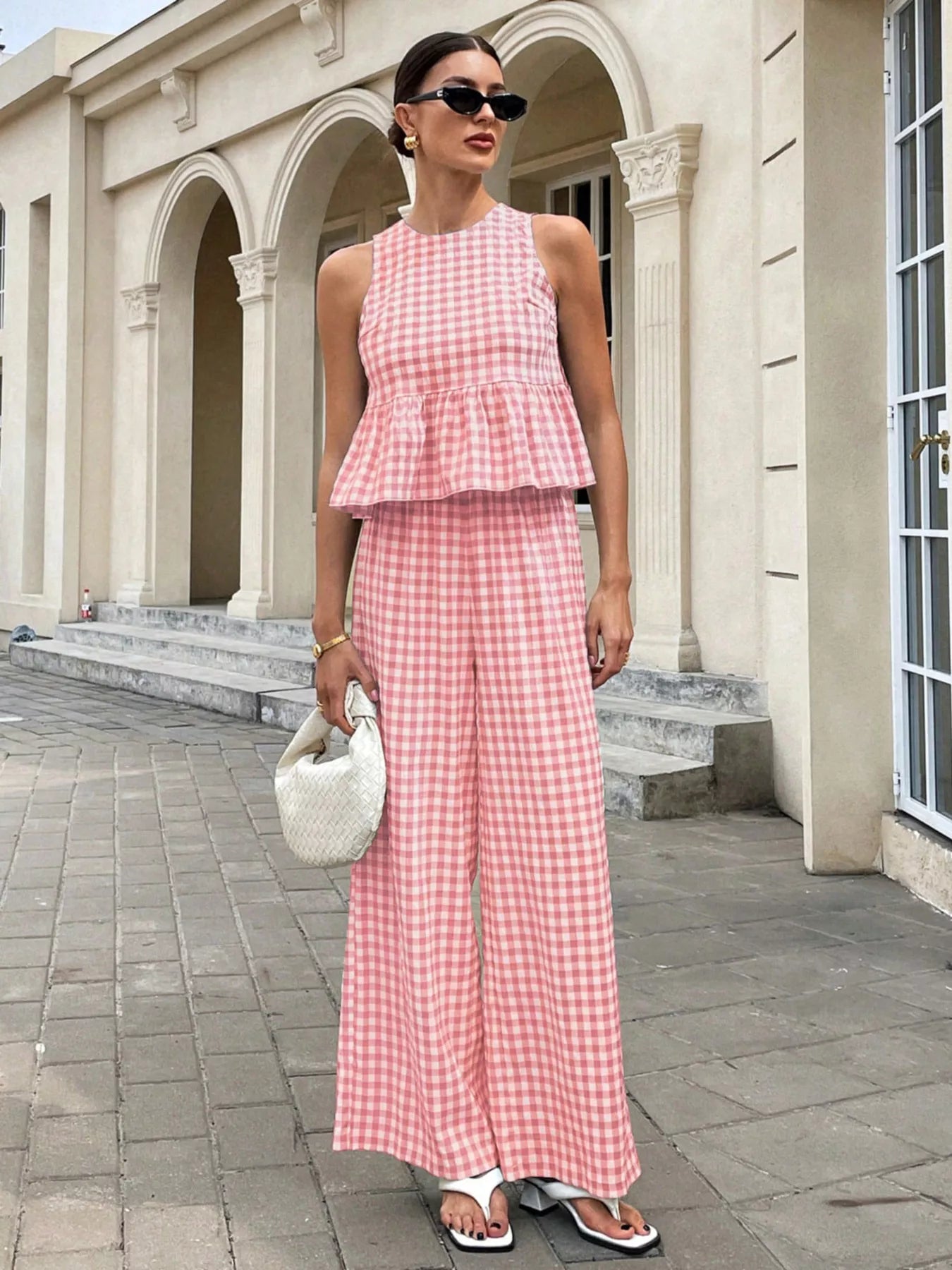 Gingham Sleeveless Top and Wide Leg Pants Set