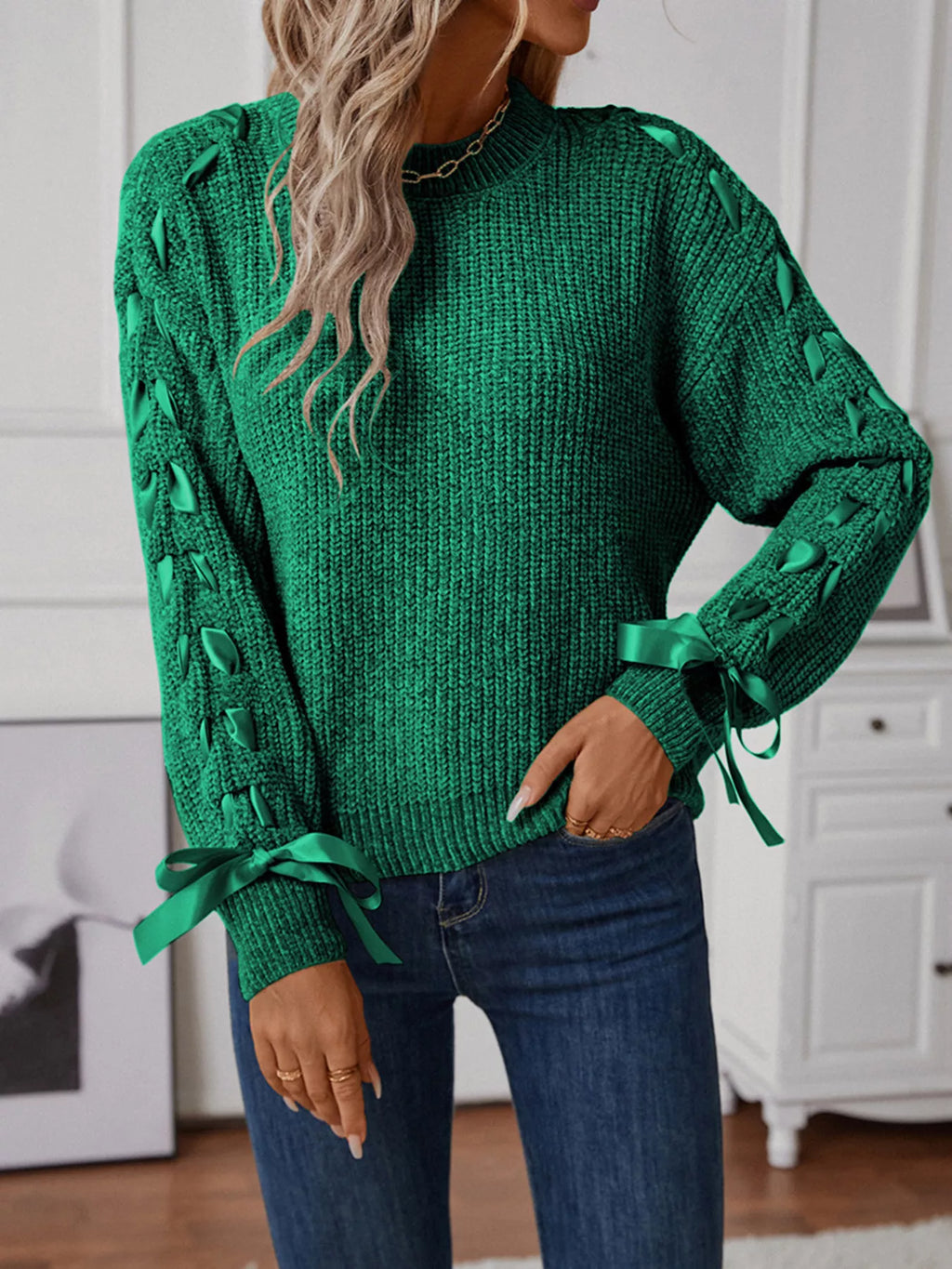 Ribbon-Tie Sleeve Round Neck Sweater