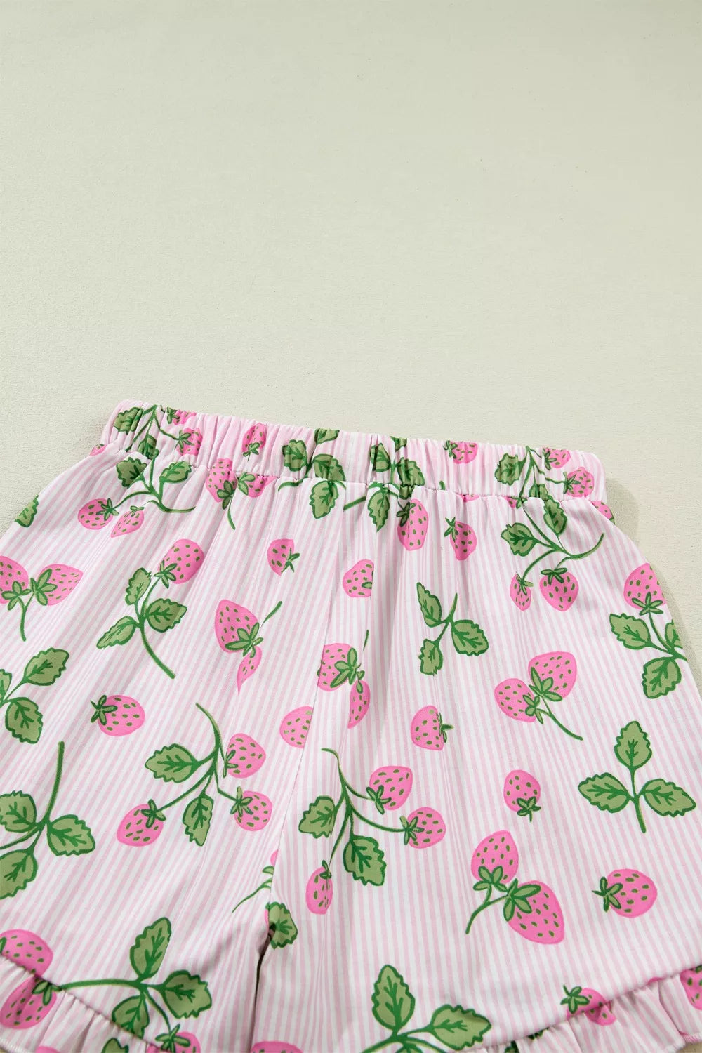 Striped Strawberry Print Lapel Shirt Drawstring Shorts 2pcs Pajama Set