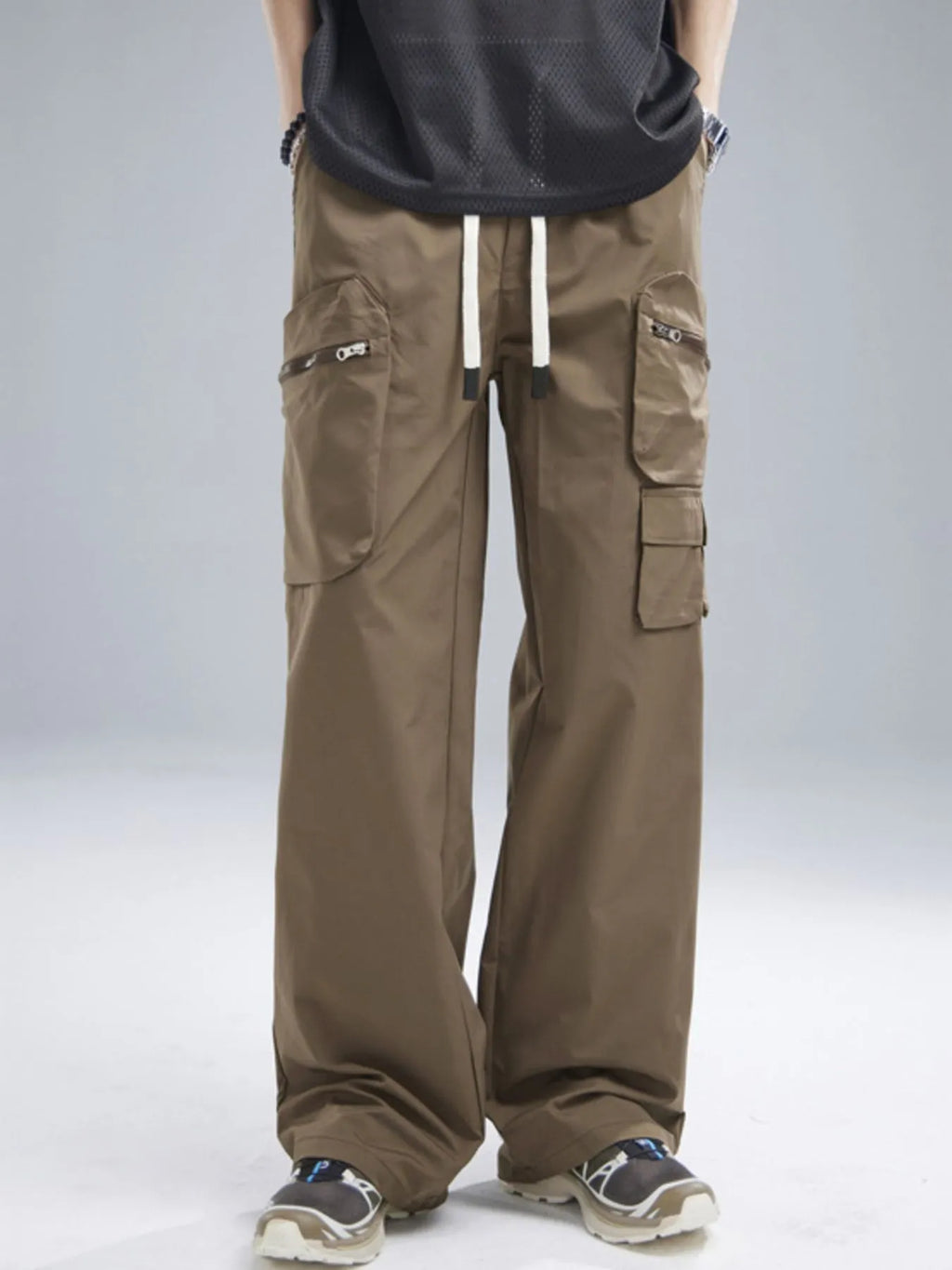 Men's Multi-Pocket Cargo Wide Leg Pants with Drawstring Waist