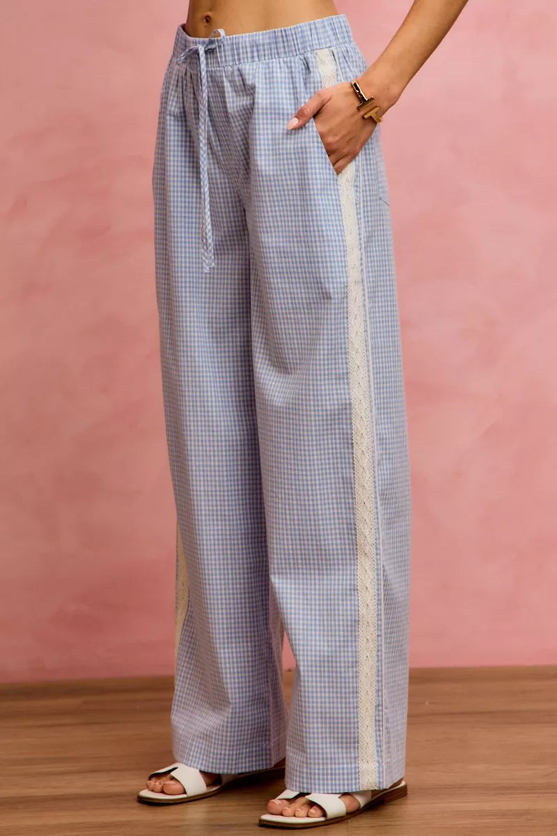 SO ME Wide Check  Pants With Side Lace Trim And Piping