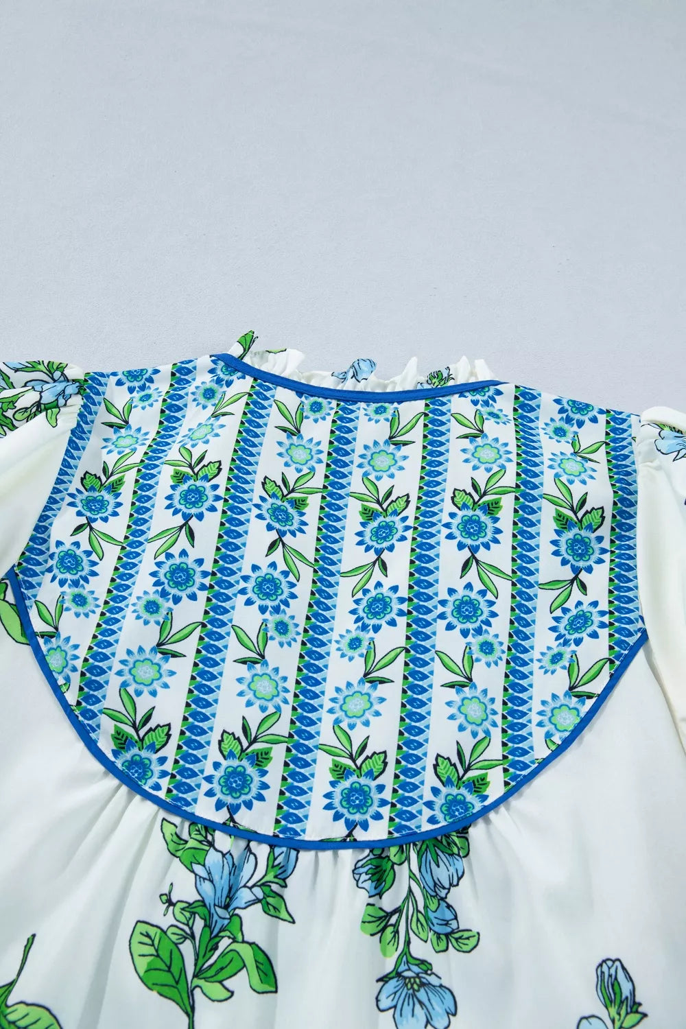 Floral Print Contrast Trim Tie Neck Blouse