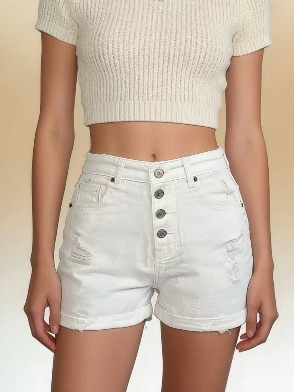 High-Waisted Button-Fly Distressed Denim Shorts