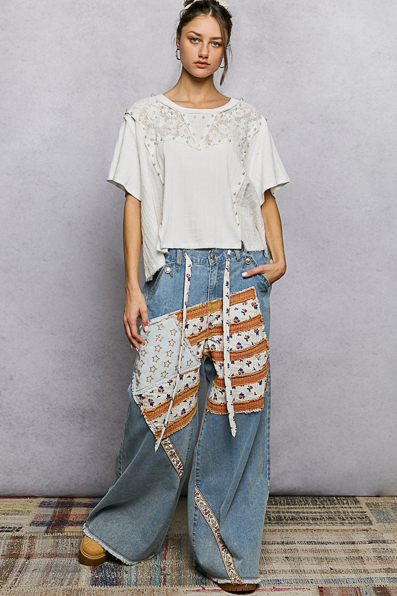 POL Lace Pearl Stud Round Neck Short Sleeve Shirt