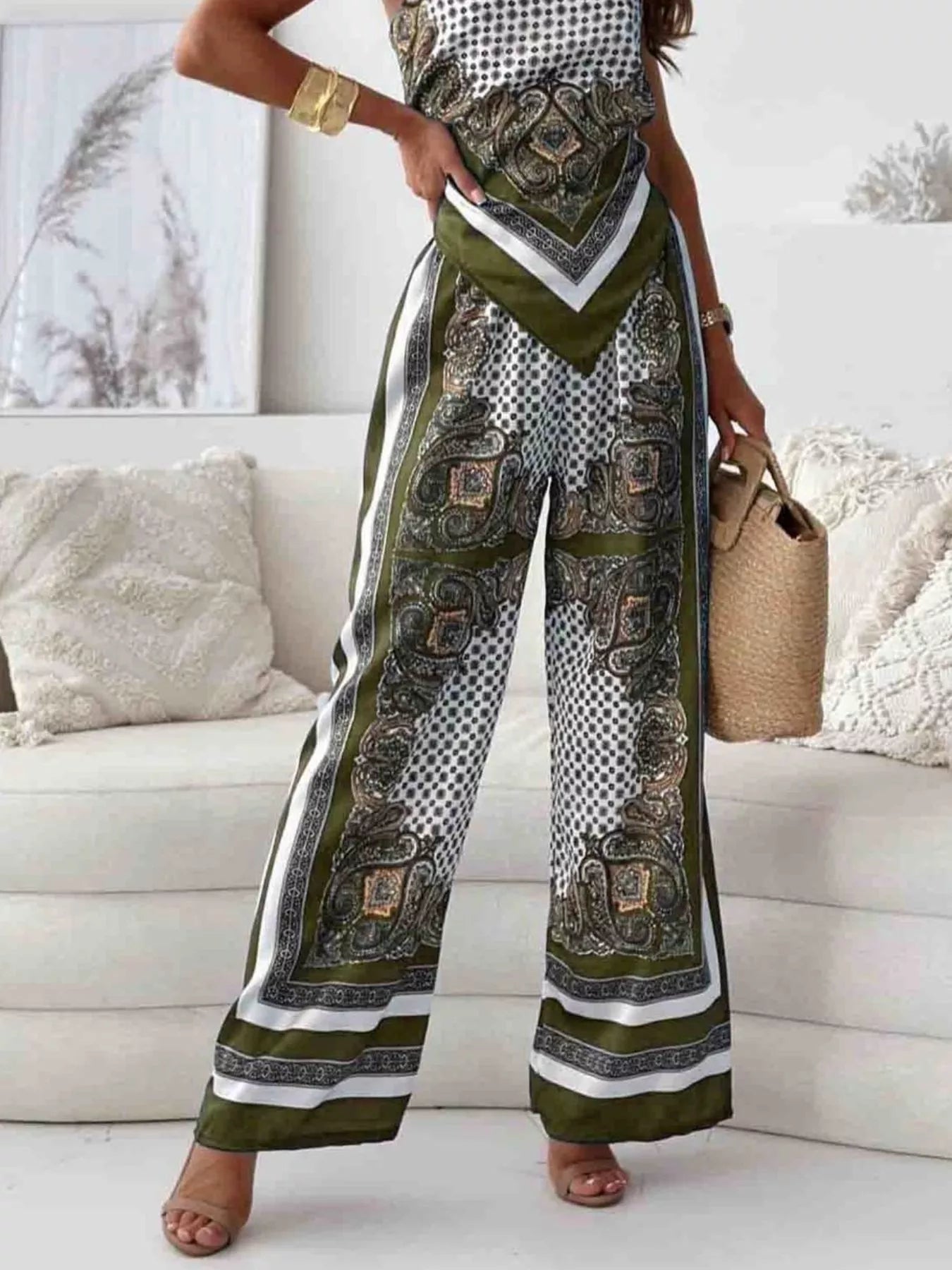 Printed Cami and Wide Leg Pants Set