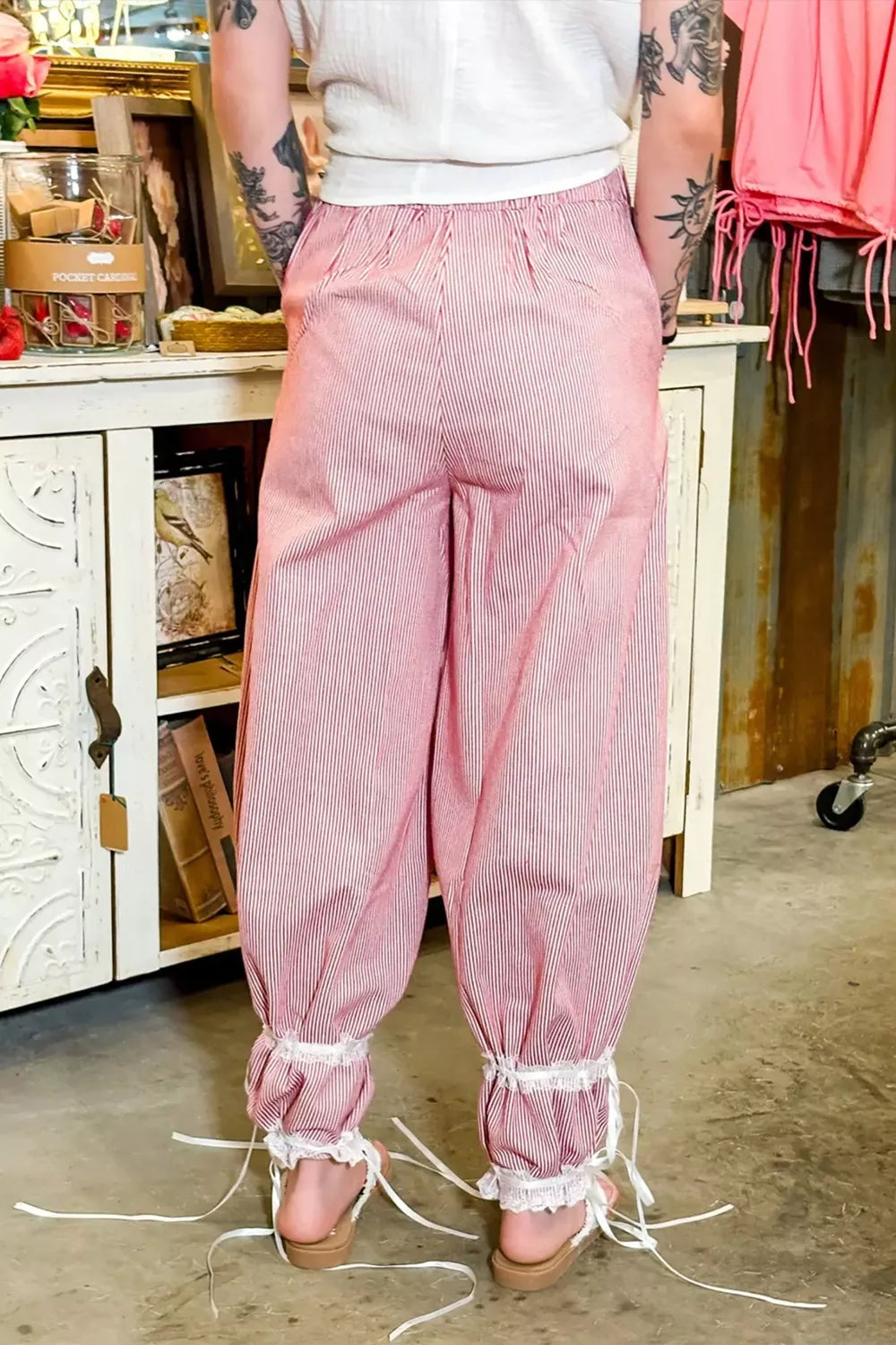 Stripe Contrast Lace Ribbon Tie Detail Wide Leg Pants