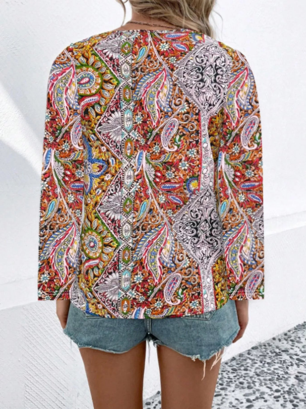 Printed V-Neck Long Sleeve Blouse