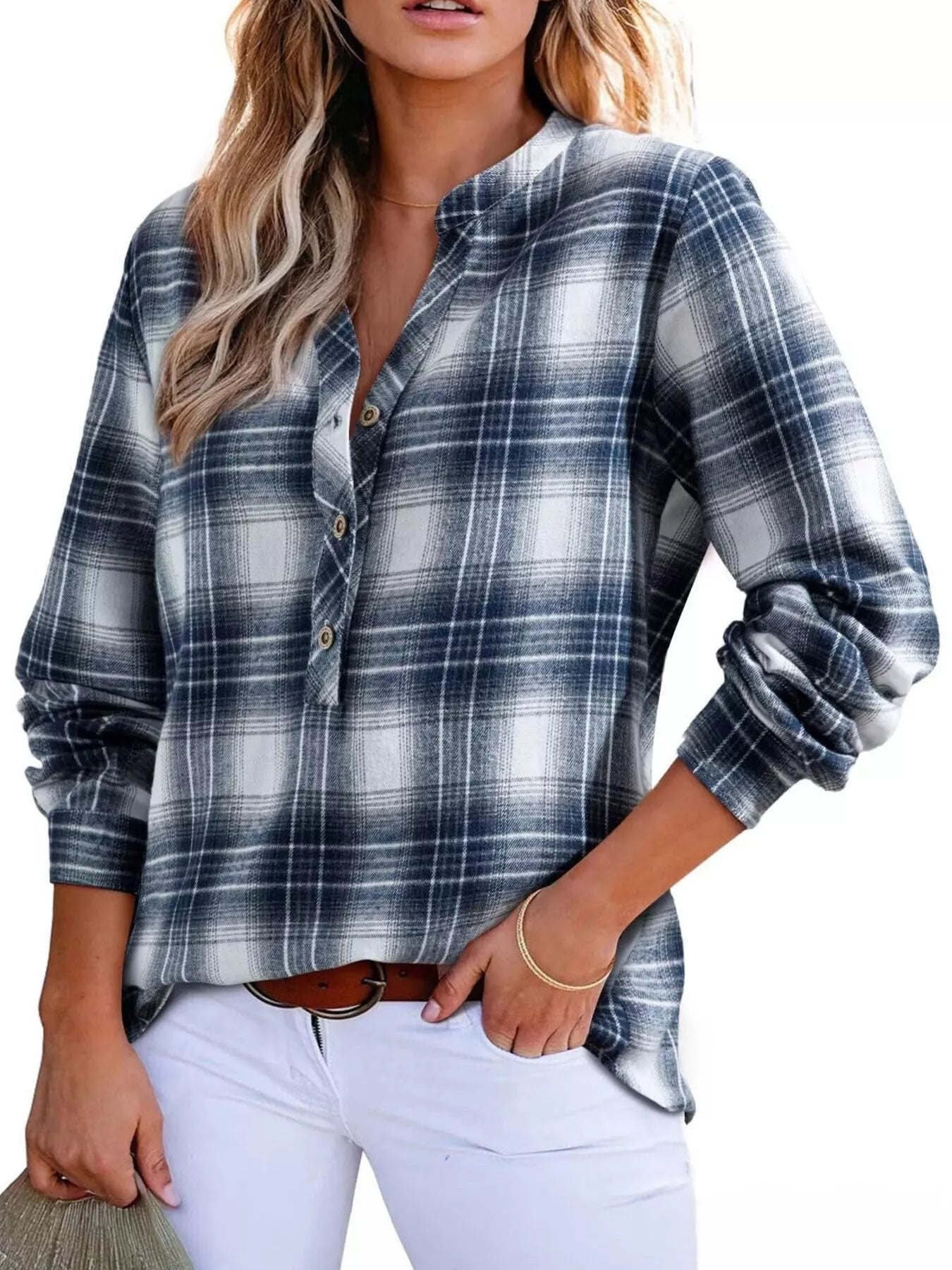 Plaid Half Button Long Sleeve Blouse