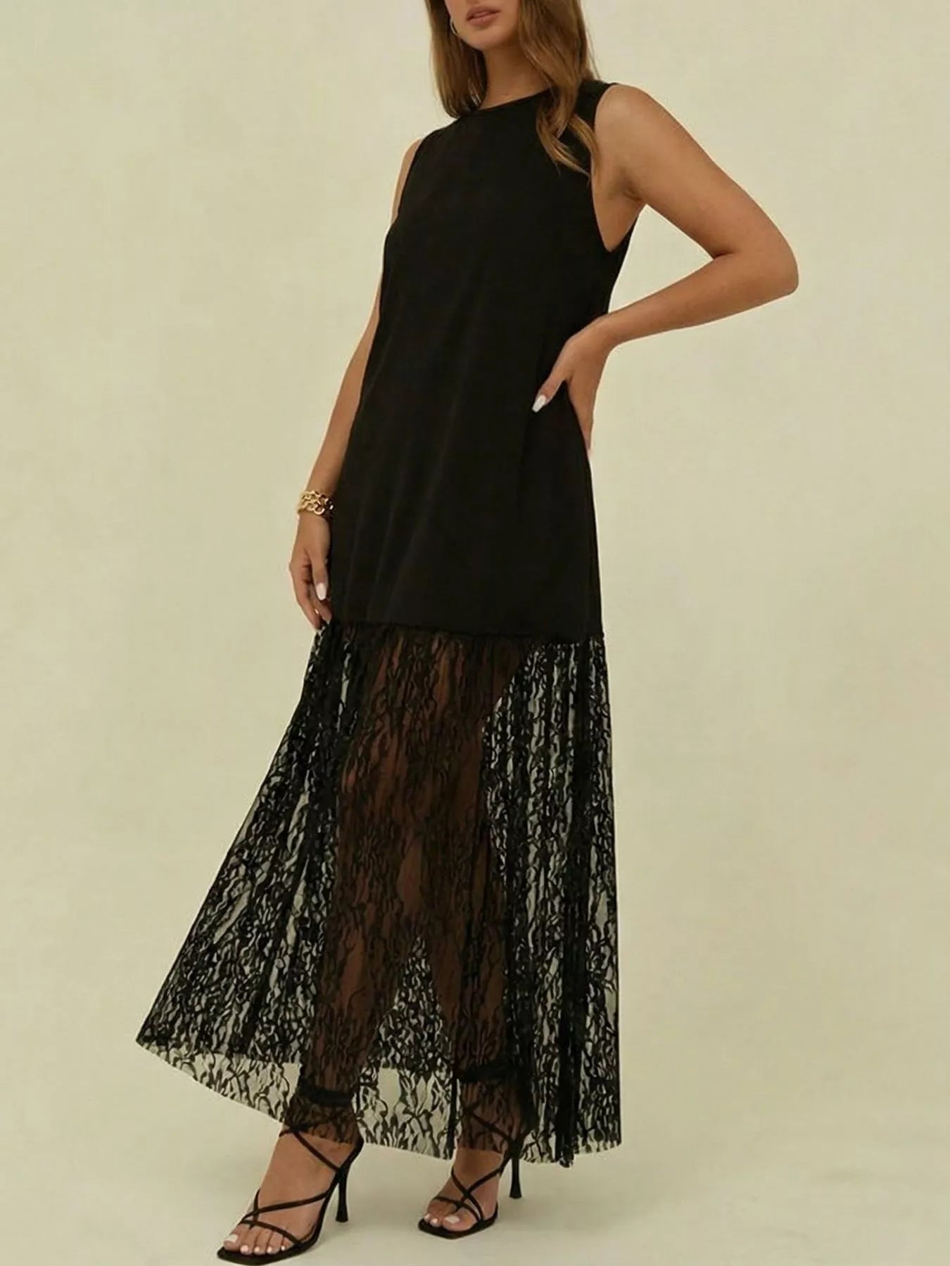Plus Size Sleeveless Lace Trim Maxi Dress