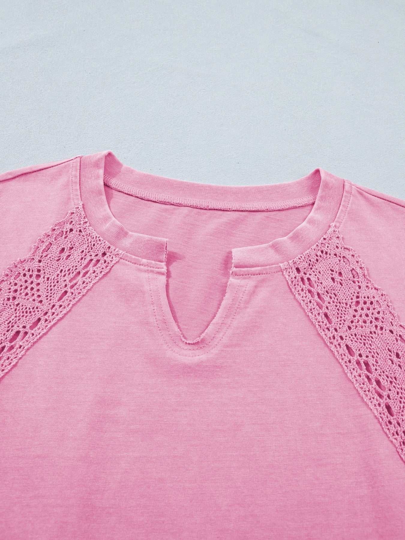 Raw Cut Notched Neck Lace Patchwork Detail Mineral Wash Tee
