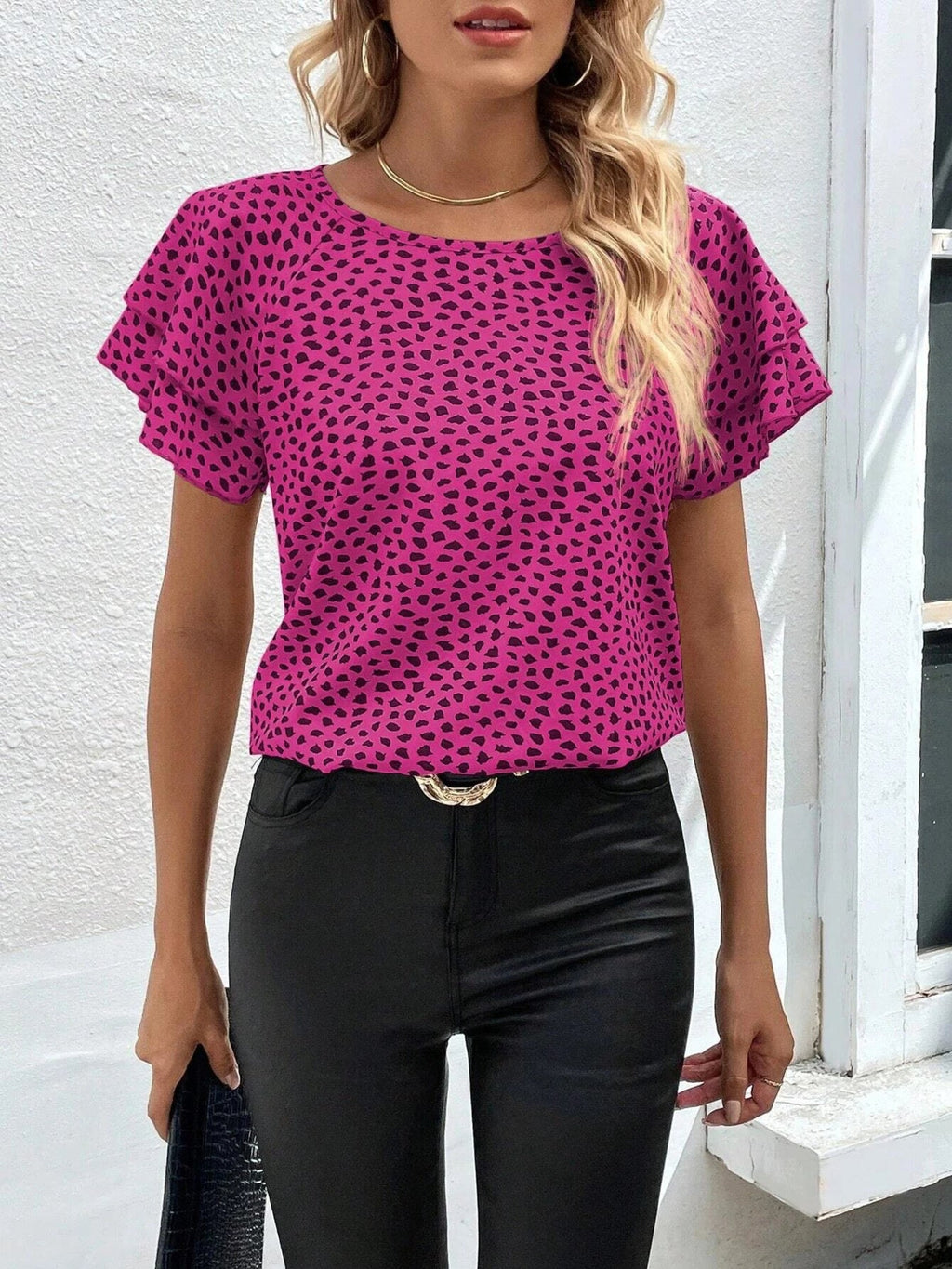 Animal Print Ruffle Sleeve Blouse