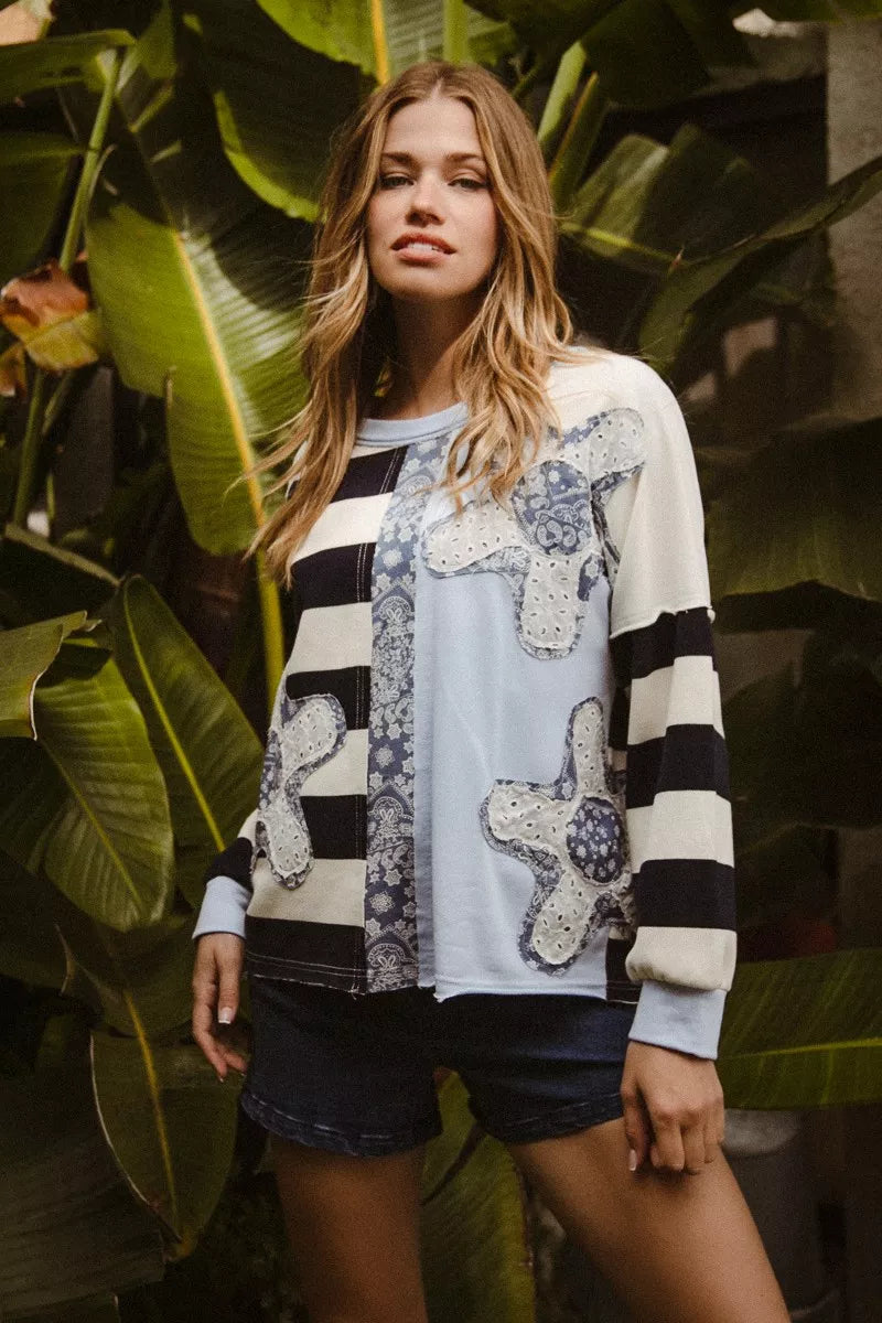 BiBi Patchwork Striped Round Neck Sweatshirt