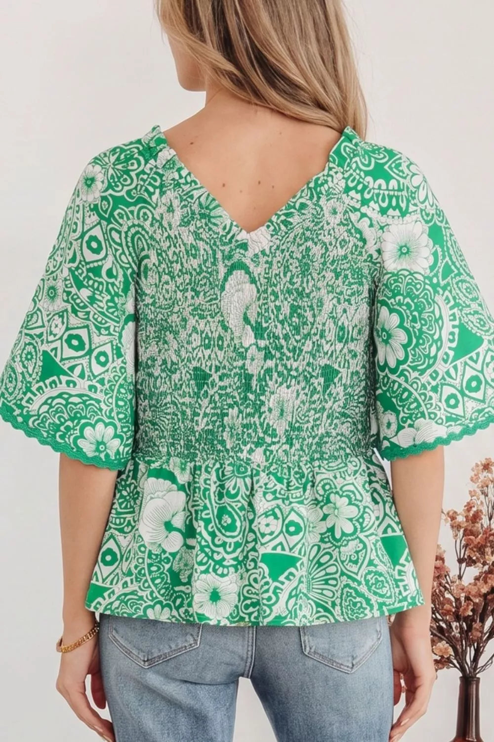 Flirty Floral Smocked V Neck Blouse