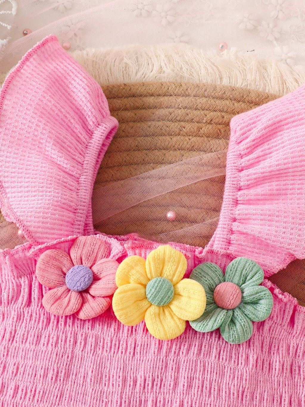 Children's Floral Decor Smocked Ruffle Hem Jumpsuit
