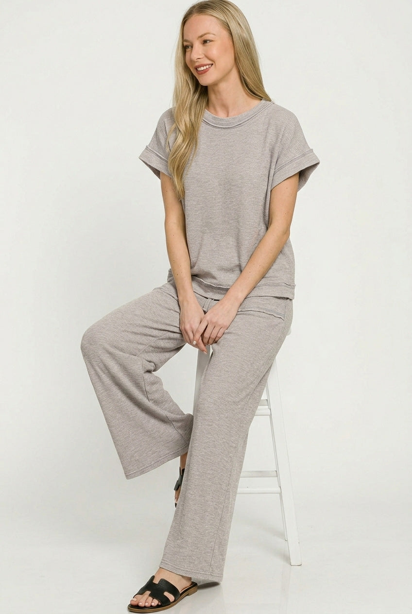 Zenana Washed Slub Short Sleeve Tee & Long Pants Set