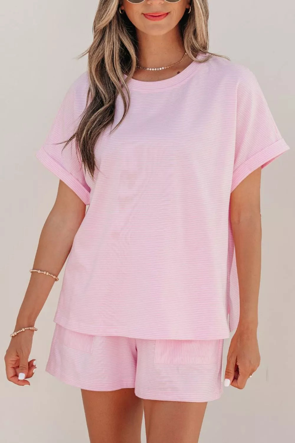 Stripe Matching Oversized Tee and Drawstring Shorts Set