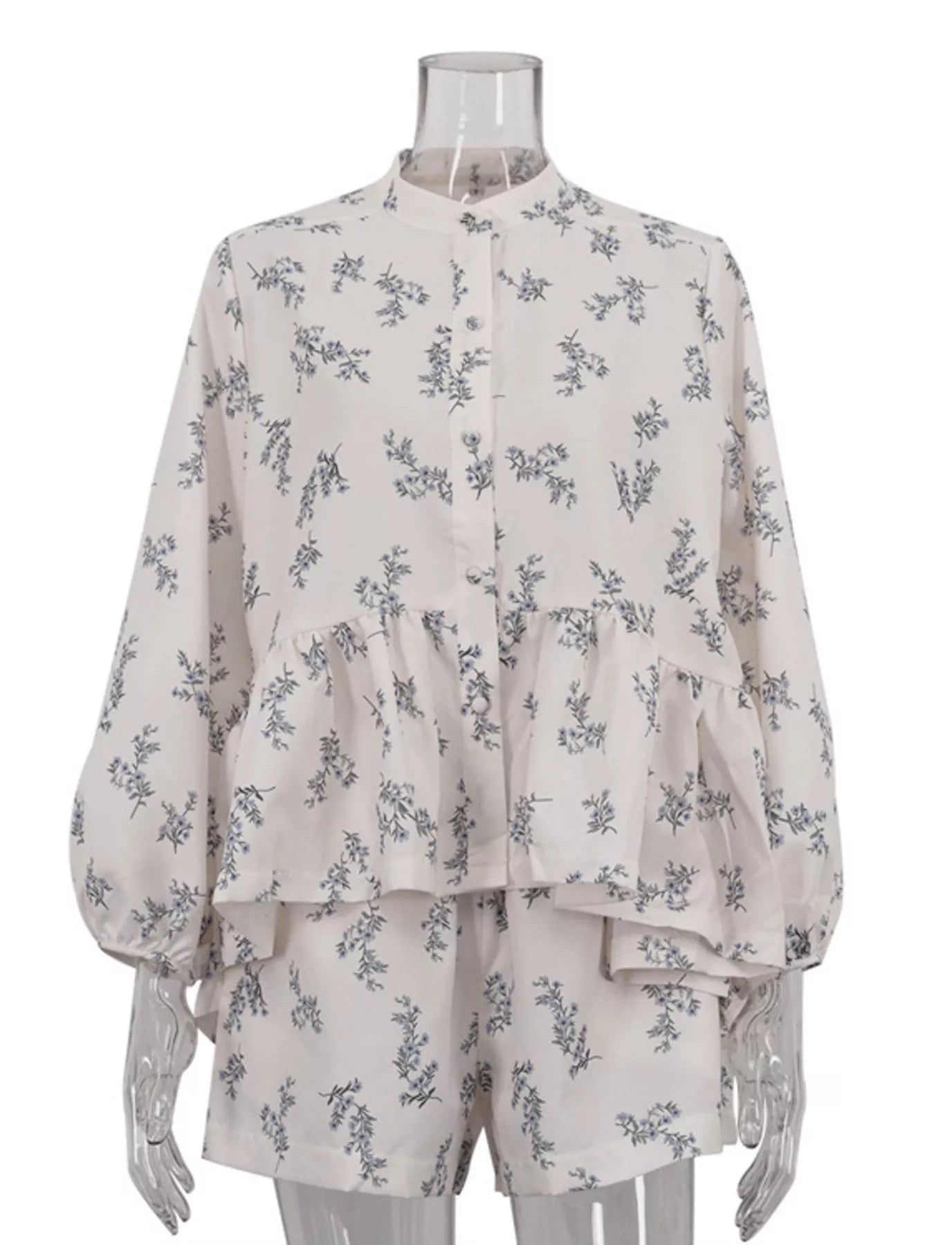 Floral Print Balloon Sleeve Top and Shorts Set