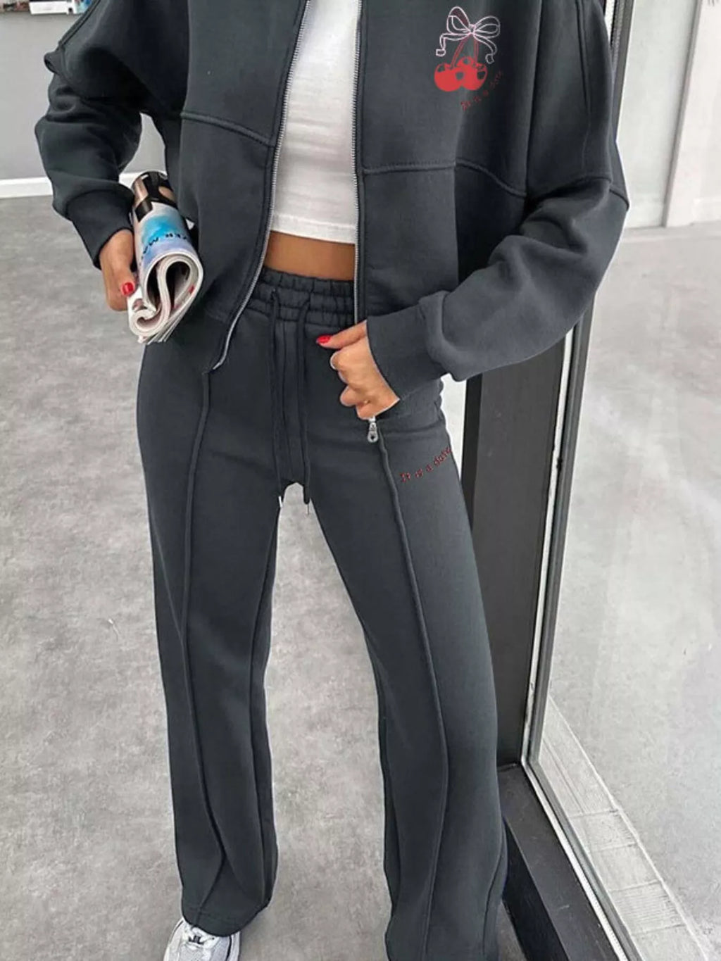 Zip Up Dropped Shoulder Outerwear and Pants Set